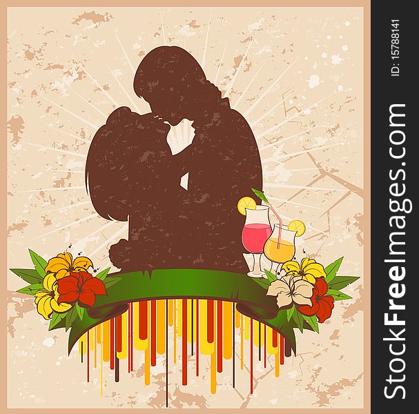 Silhouette of lovers on a grange background