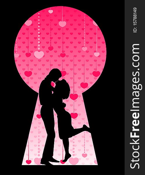 Silhouette of lovers on a background with heart
