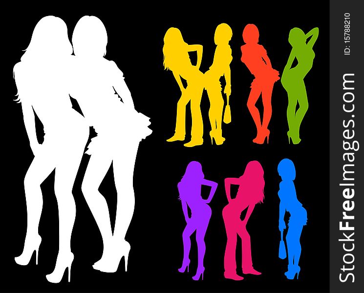 Silhouette of girls is isolated on a black background