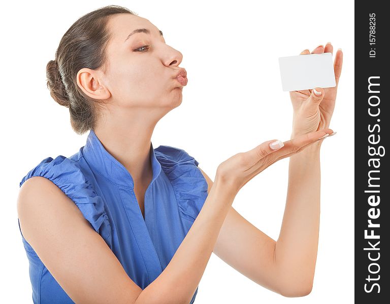 Portrait of woman in business clothing with payment card. Portrait of woman in business clothing with payment card