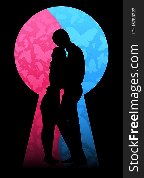 Silhouette of lovers on a background with butterflies