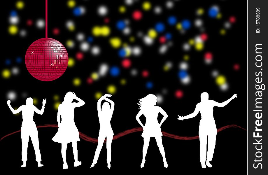 Illustrator of several people dancing in a disco