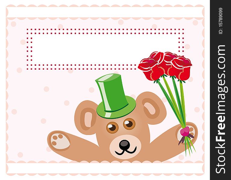 Postcard with cute teddy bear holding a bunch of roses. Postcard with cute teddy bear holding a bunch of roses.