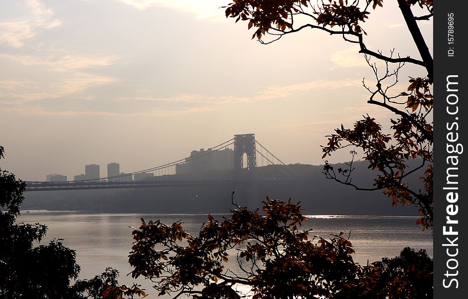 View from Washington bridge connecting New York and New Jersey at sunset. View from Washington bridge connecting New York and New Jersey at sunset