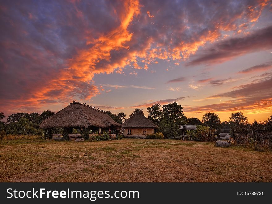 Country landscape with the cottage at sunrise. Country landscape with the cottage at sunrise