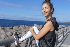 Active Sportive Girl In Front Of The Ocean Outstretched To Training Out. Runner Balance With Vitality To Jogging In The Seaside Royalty Free Stock Photo Active Sportive Girl In Front Of The Ocean Outstretched To Training Out. Runner Balance With Vitality To Jogging In The Seaside Royalty Free Stock Photo