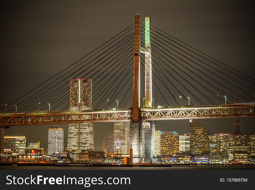 Yokohama Bay Bridge and Yokohama Minato Mirai of night view. Shooting location :  Yokohama-city kanagawa prefecture