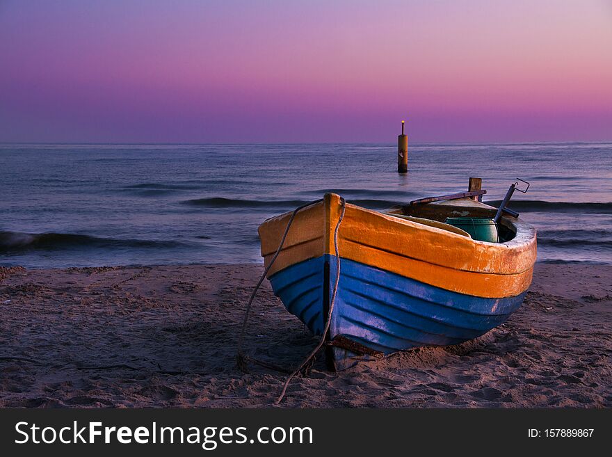 Fishing Boat On The Beach, Beautiful Sunrise