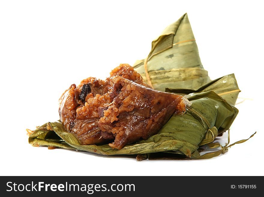 Close up Zongzi with full of ingredient in white background. Close up Zongzi with full of ingredient in white background
