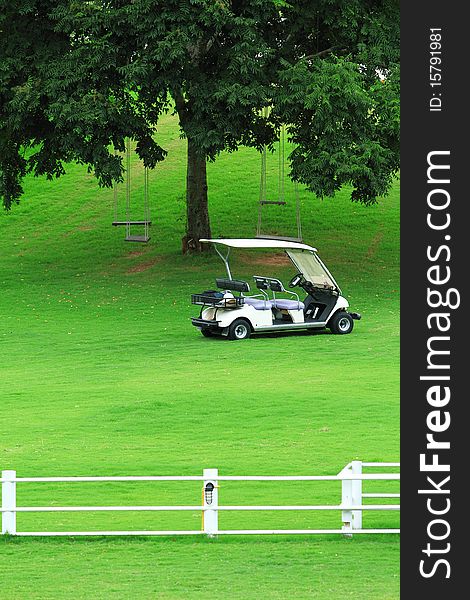 White golf cart in golf course