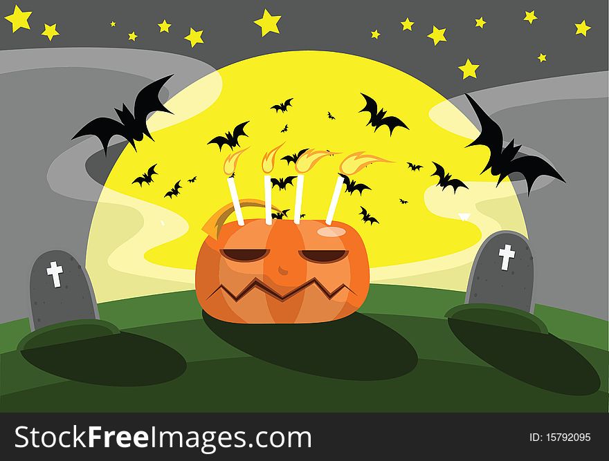Image of pumpkin and bat behind the grave on Halloween night. Image of pumpkin and bat behind the grave on Halloween night.
