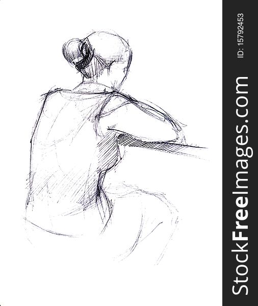 Black and white drawing girl from behind