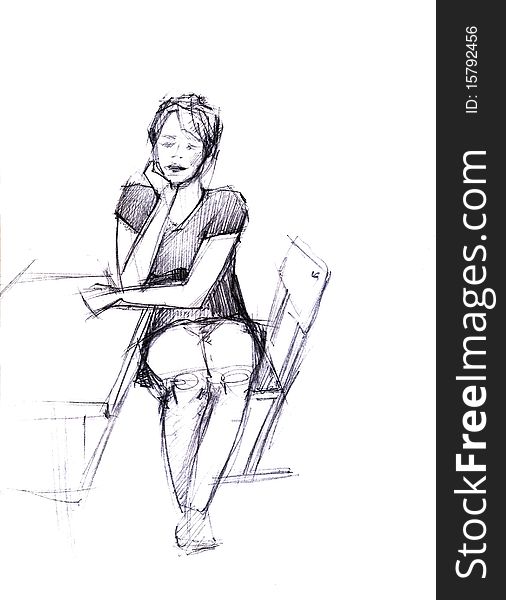 Black and white drawing girl sitting on a chair. Black and white drawing girl sitting on a chair