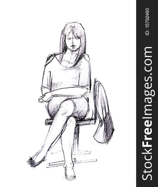 Black and white drawing girl sitting on a chair. Black and white drawing girl sitting on a chair