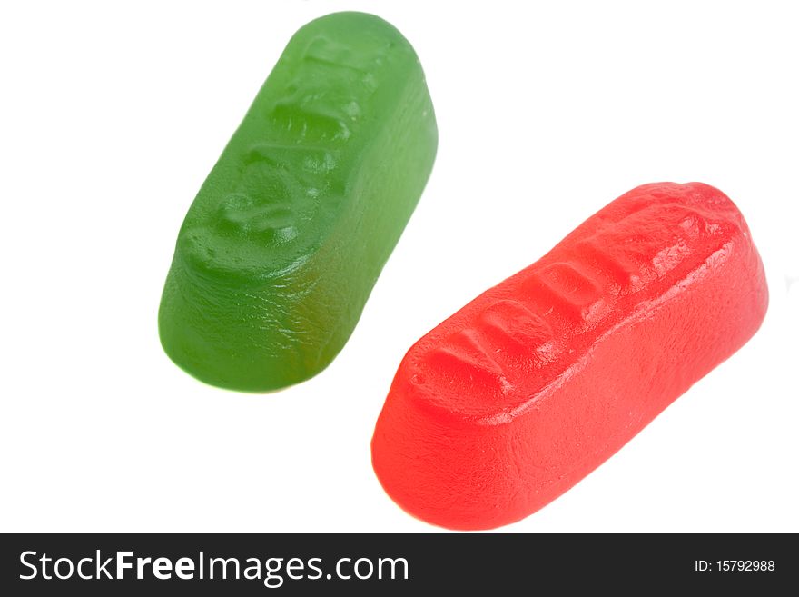 Two English winegums against a white background