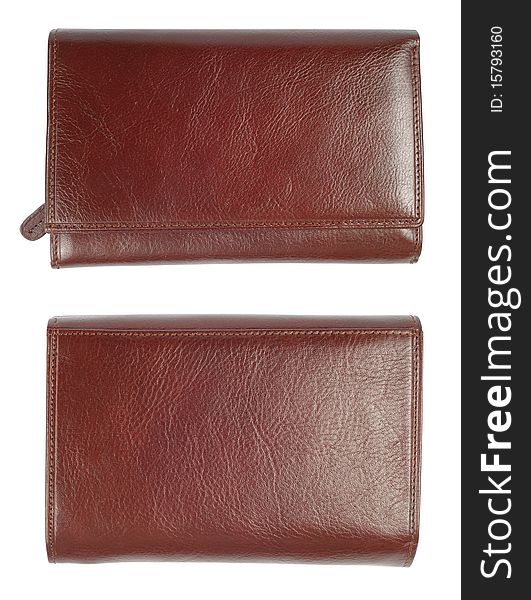 Brown natural leather wallet isolated over white background. Woman edition. 2 Clipping paths. Two sides from top. Brown natural leather wallet isolated over white background. Woman edition. 2 Clipping paths. Two sides from top.