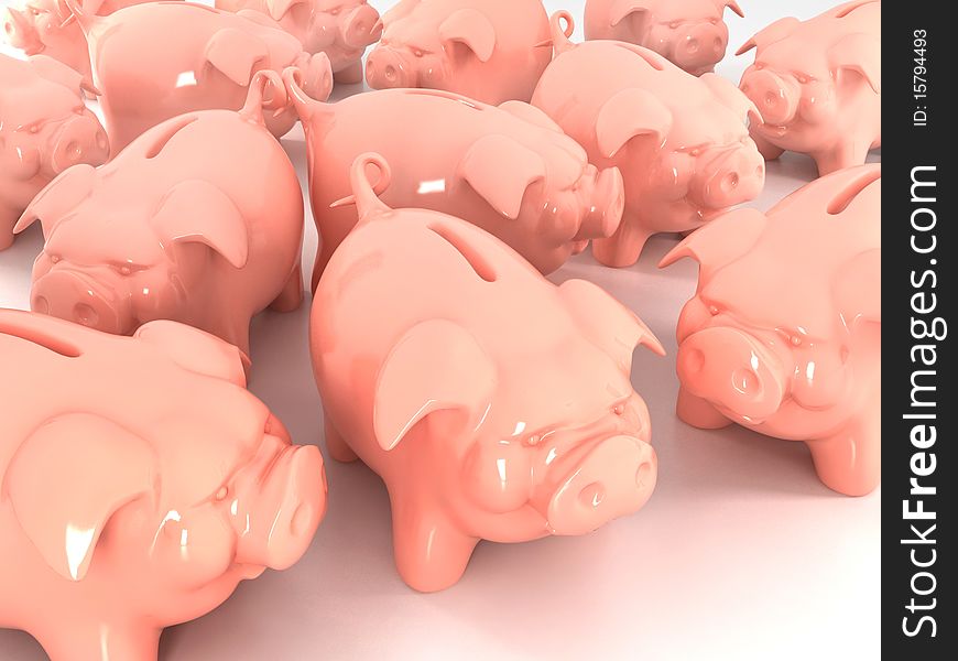 Piggy banks on the reflective white background