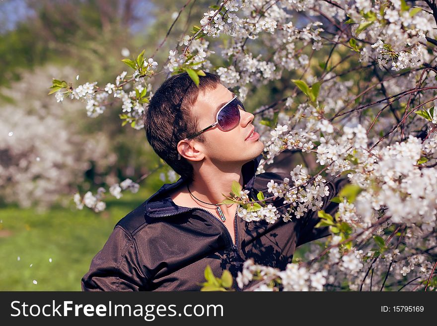 Young man in sunglasses in the garden among blooming cherry trees