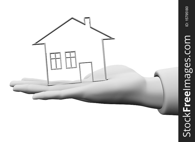 3D human hand in the palm of keeping house on a white background. 3D human hand in the palm of keeping house on a white background.