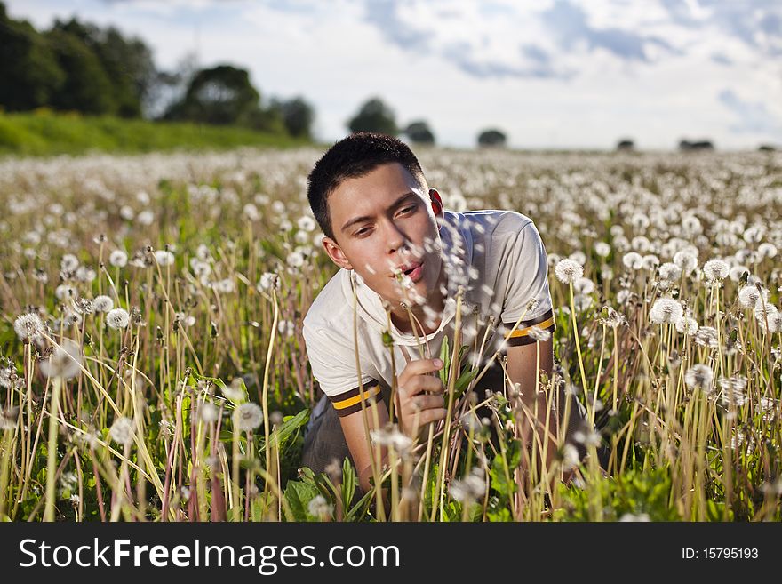Young handsome guy on the green sunny meadow with the grass blowing on a dandelion