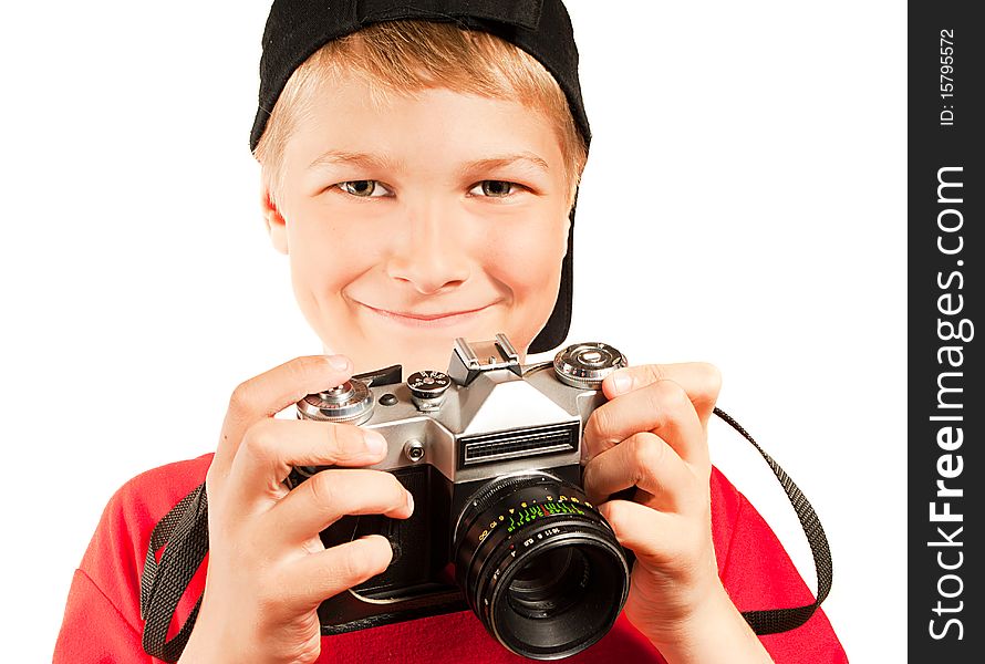 Professional photographer isolated on white. Portrait of young teenager