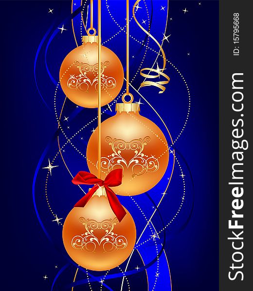 Three gold christmas ball on blue background. Three gold christmas ball on blue background