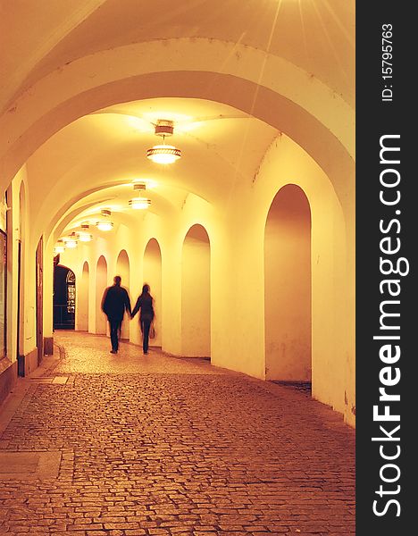 A night shot of arcade in Prague, Czech Republic. A night shot of arcade in Prague, Czech Republic