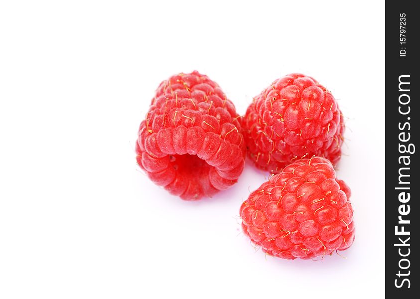 Three fresh raspberries in a row over white background