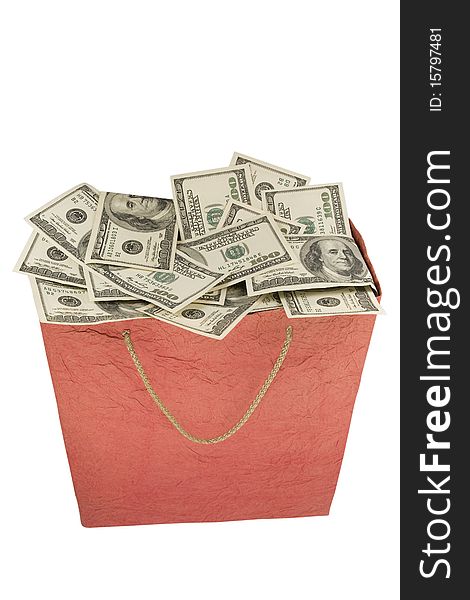 Money in a red Shopping Bag. Isolated on a white background.