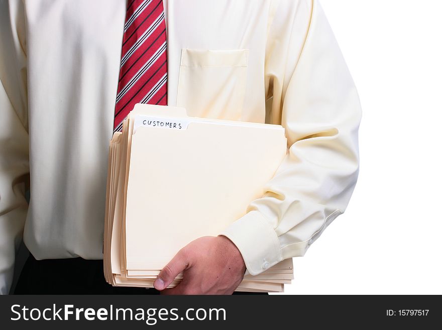 Man in a shirt and a tie holding a manila customers folder. Add your text to the folder. Man in a shirt and a tie holding a manila customers folder. Add your text to the folder.