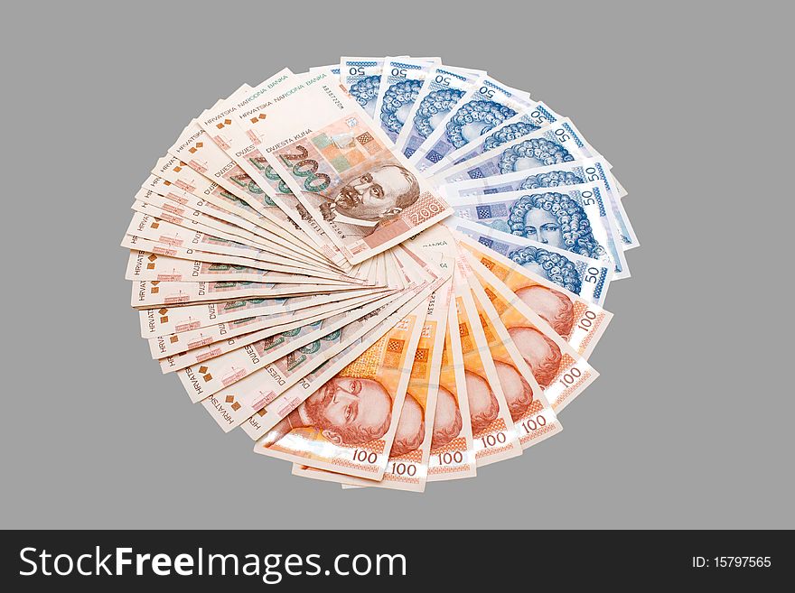 Croatian Kuna banknotes isolated on gray background
