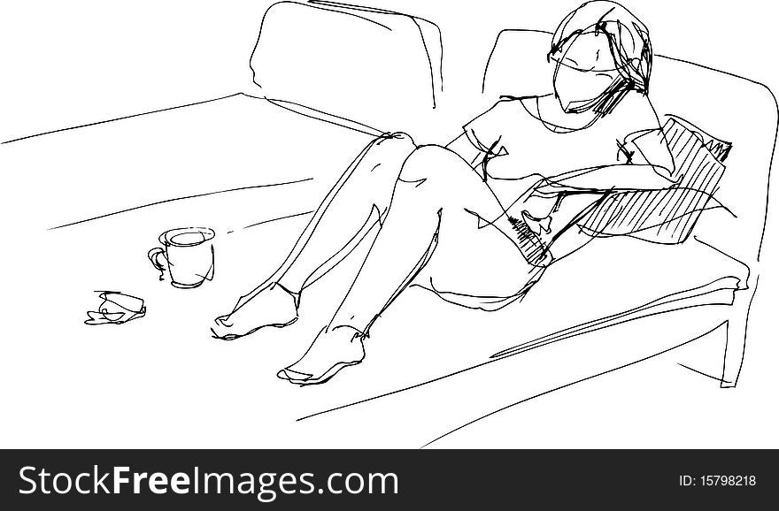 Black and white drawing girl on the bed. Black and white drawing girl on the bed