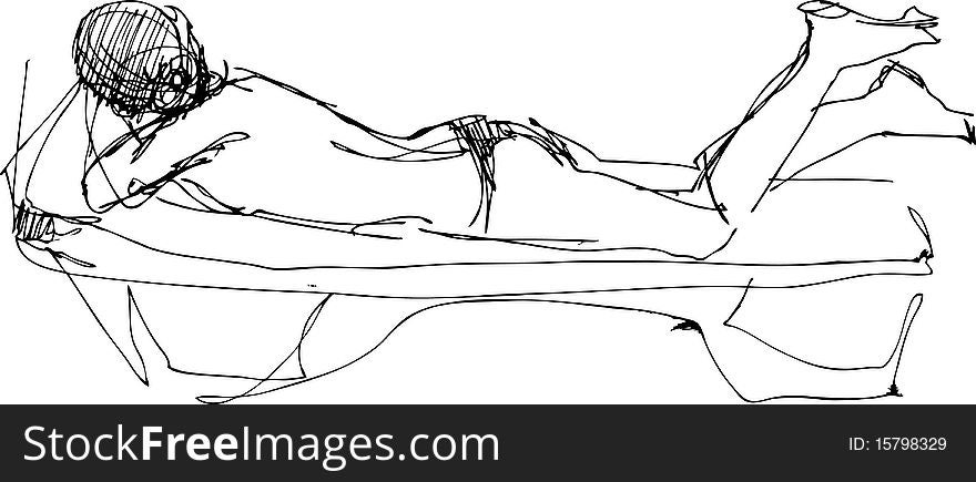 Black and white drawing girl on the bed. Black and white drawing girl on the bed