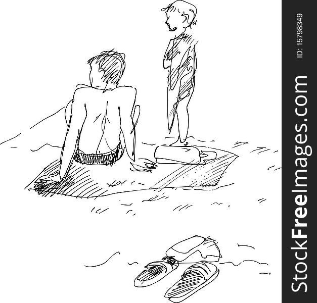 Black and white image of boys on the shore. Black and white image of boys on the shore