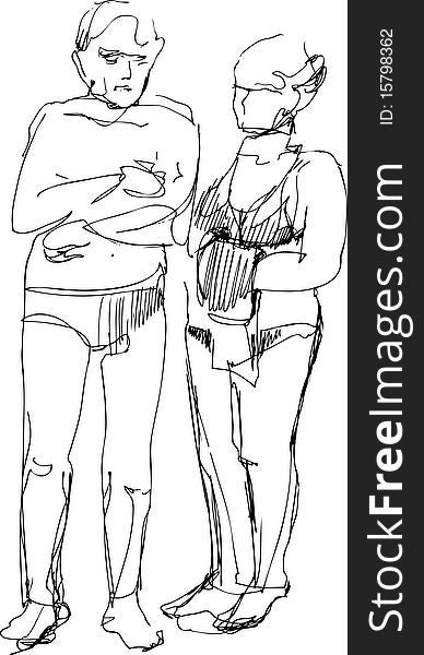 Black and white image, men and women in bikinis. Black and white image, men and women in bikinis