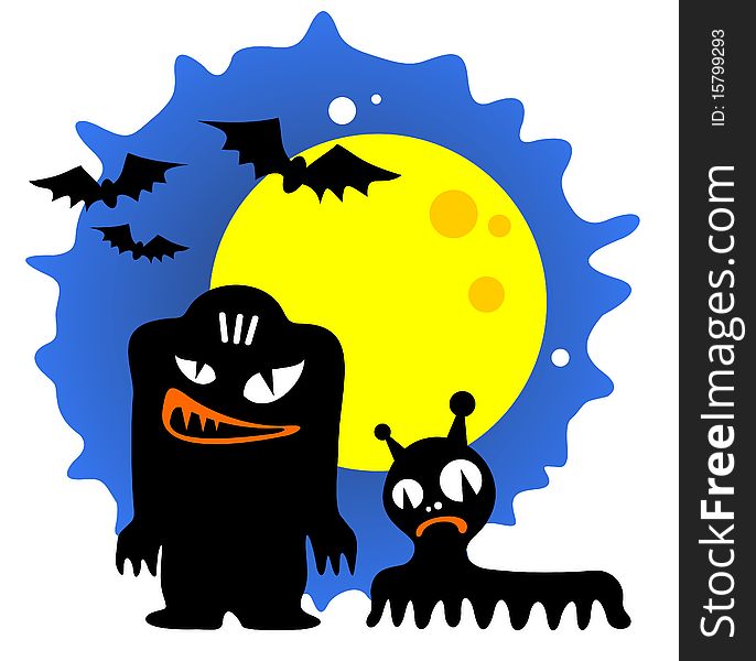 Two cartoon Halloween monsters and moon on a blue background. Two cartoon Halloween monsters and moon on a blue background.