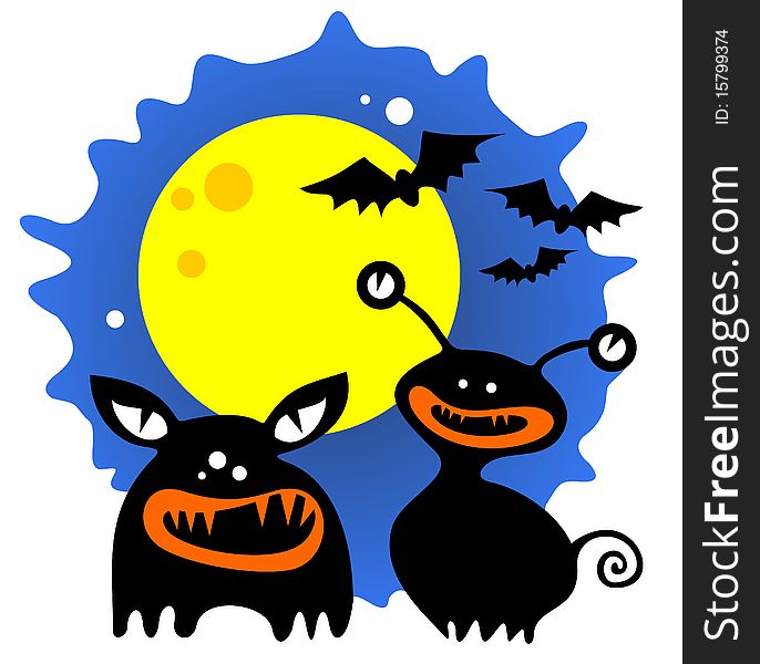 Two stylized Halloween monsters and moon on a blue background.