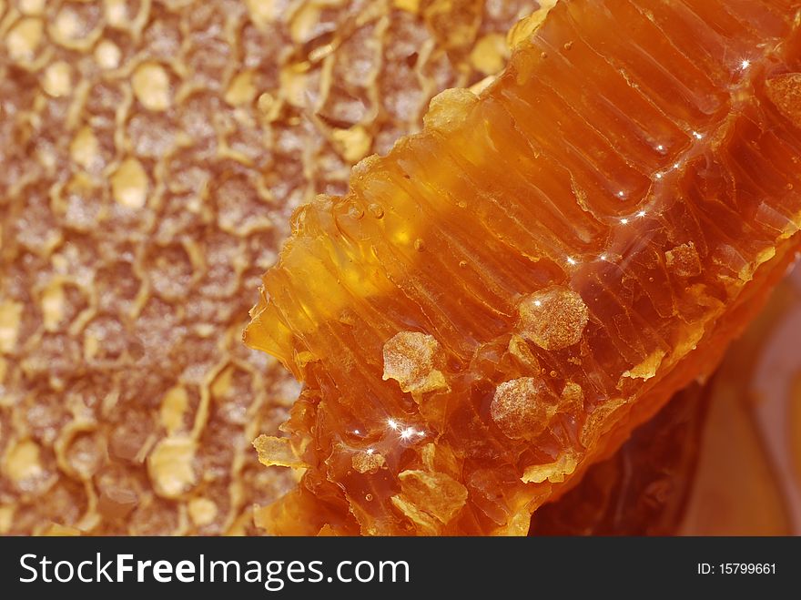 Honeycomb with wax and honey with specks