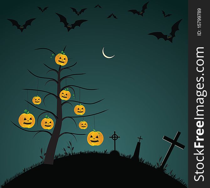 Halloween background with bats, pumpkins, elements for design, illustration