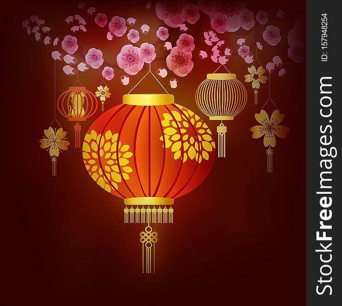 Chinese New Year Decoration--Traditional Lantern And Plum Blossom On A Festive Background. Translation Mouse