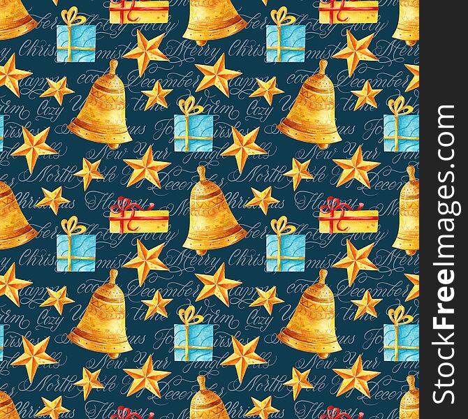 Watercolor Christmas seamless pattern with calligraphy words and phrases, golden bells and gifts in a dark background