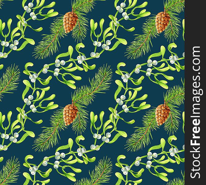 Watercolor botanical seamless pattern with mistletoe and brunches of spruce in a dark backdrop