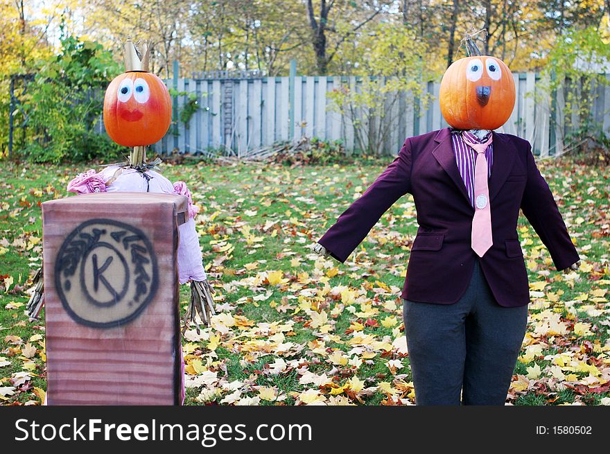 King and queen pumpkin people in Canada. This display is to celebrate the start of fall and Halloween. King and queen pumpkin people in Canada. This display is to celebrate the start of fall and Halloween.