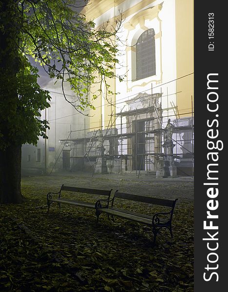 Nigh shot of benches near church