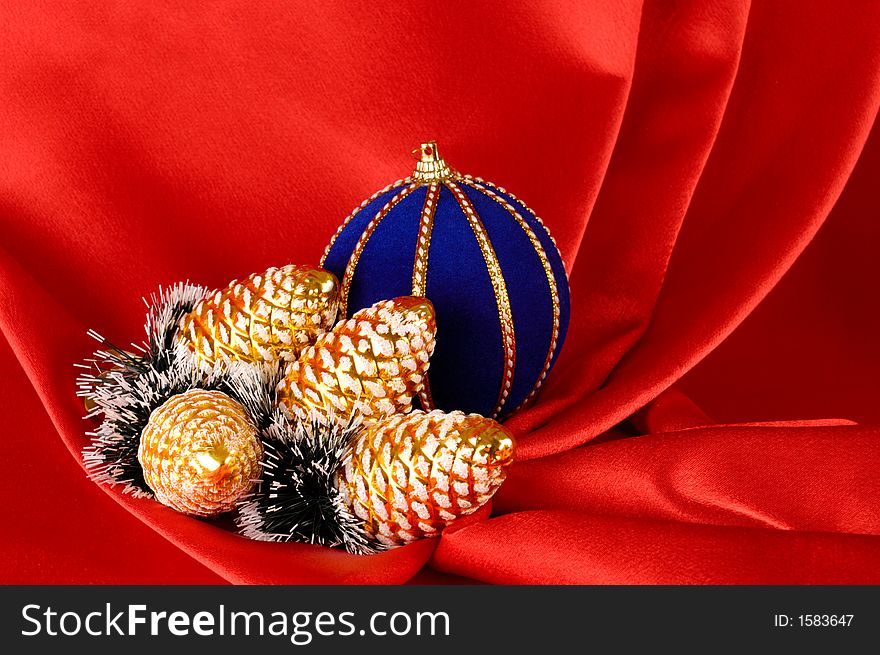Christmas tree decoration still life on red background. Christmas tree decoration still life on red background