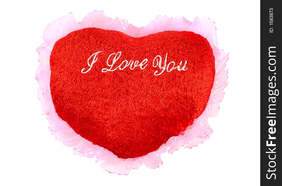 Red heart shaped cushion Valentine concept isolated with clipping path on white background. Red heart shaped cushion Valentine concept isolated with clipping path on white background