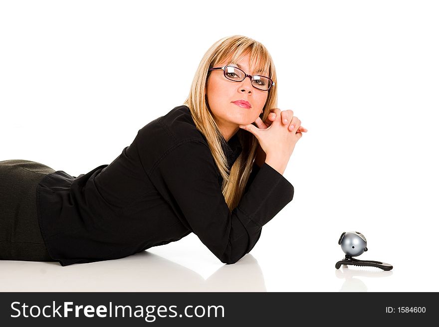 A businesswoman and webcam on white background