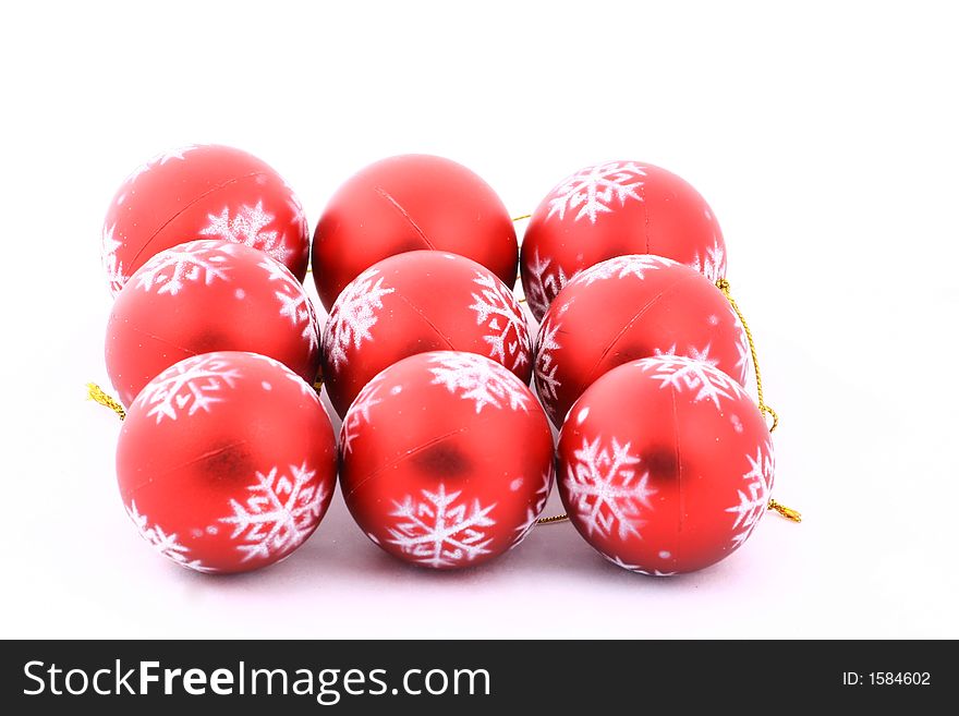 Nine red christmas balls isolated on white background