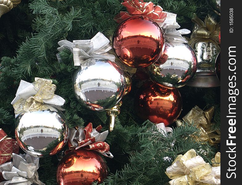 Close-up image of Christmas ball ornaments hanging on tree. Close-up image of Christmas ball ornaments hanging on tree