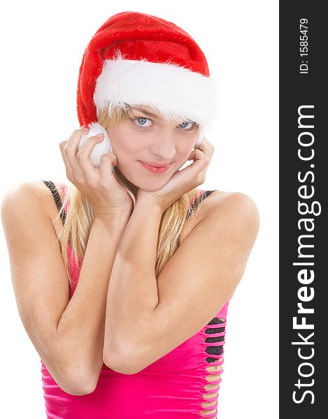 The beautiful girl in a christmas red cap